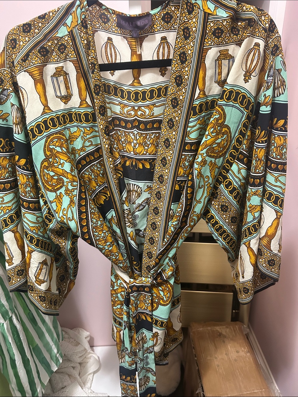 Hale Bob Vintage-designer Inspired Printed Belted Kimono Jacket - Gold & Aqua